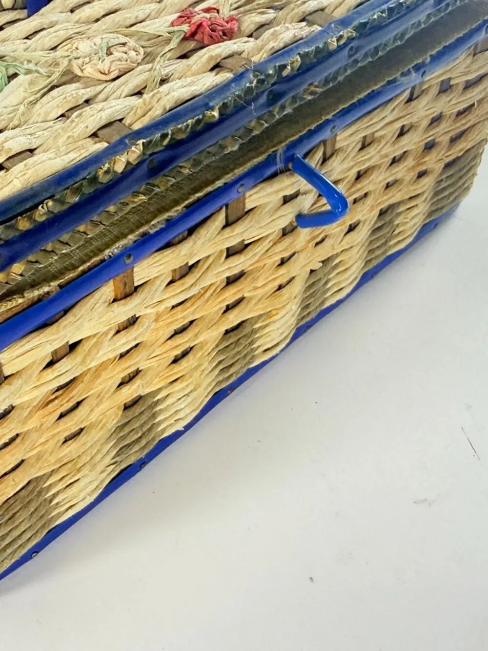 Vintage Woven Sewing Basket With Blue Satin Interior & Assorted Threads